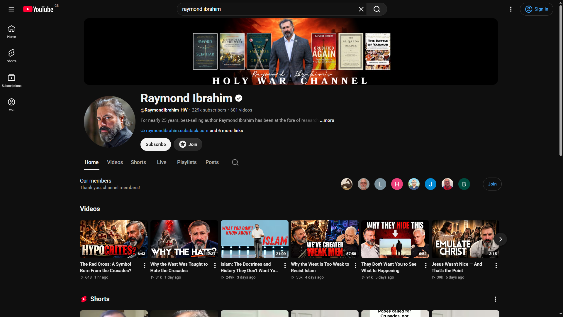 YouTube channel page for Raymond Ibrahim, showing 229k subscribers and 601 videos on 18 October 2026